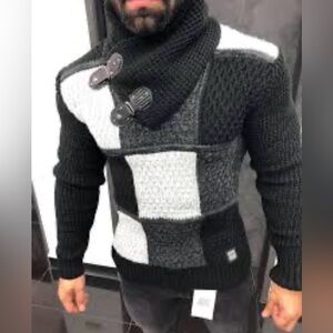 🚫SOLD🚫Barabas Black White Color Block Neck High Neck Sweater Buckles Size L